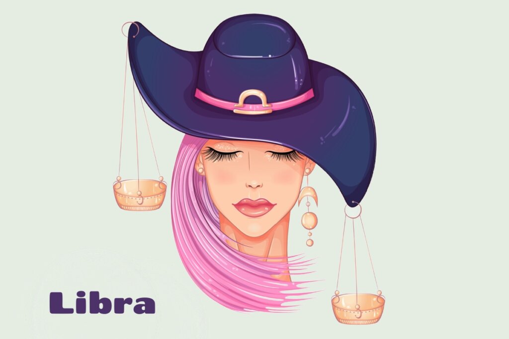 Ilustração de rosto de mulher com cabelo rosa usando chapéu roxo-azulado com cada um uma parte da balança que simboliza Libra