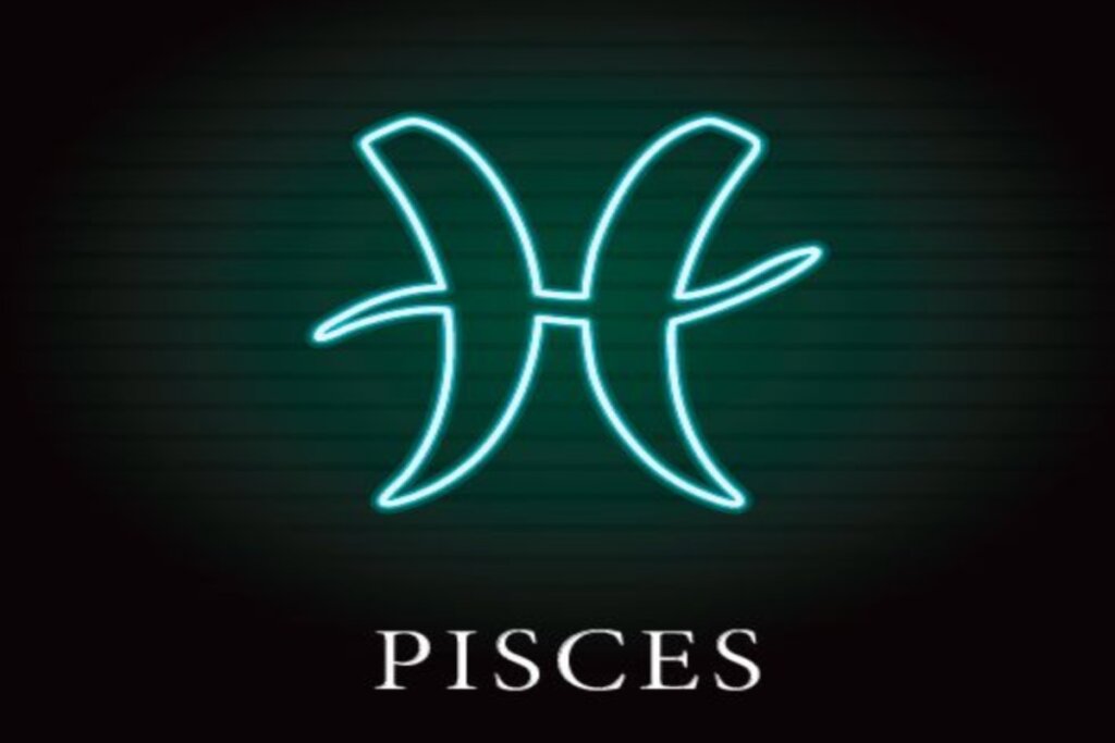 Ilustração do símbolo de peixes em azul néon sobre o nome do signo em inglês