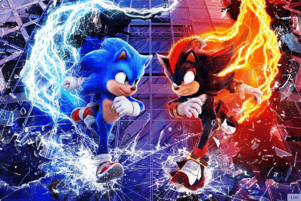 Sonic e Shadow correndo em direções opostas, com raios azuis e vermelhos em volta, em uma cena de confronto