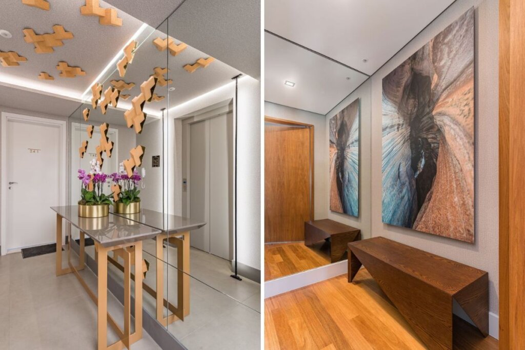 Foto colagem de dois halls de entrada, com espelhos, iluminação branca e móveis de madeira