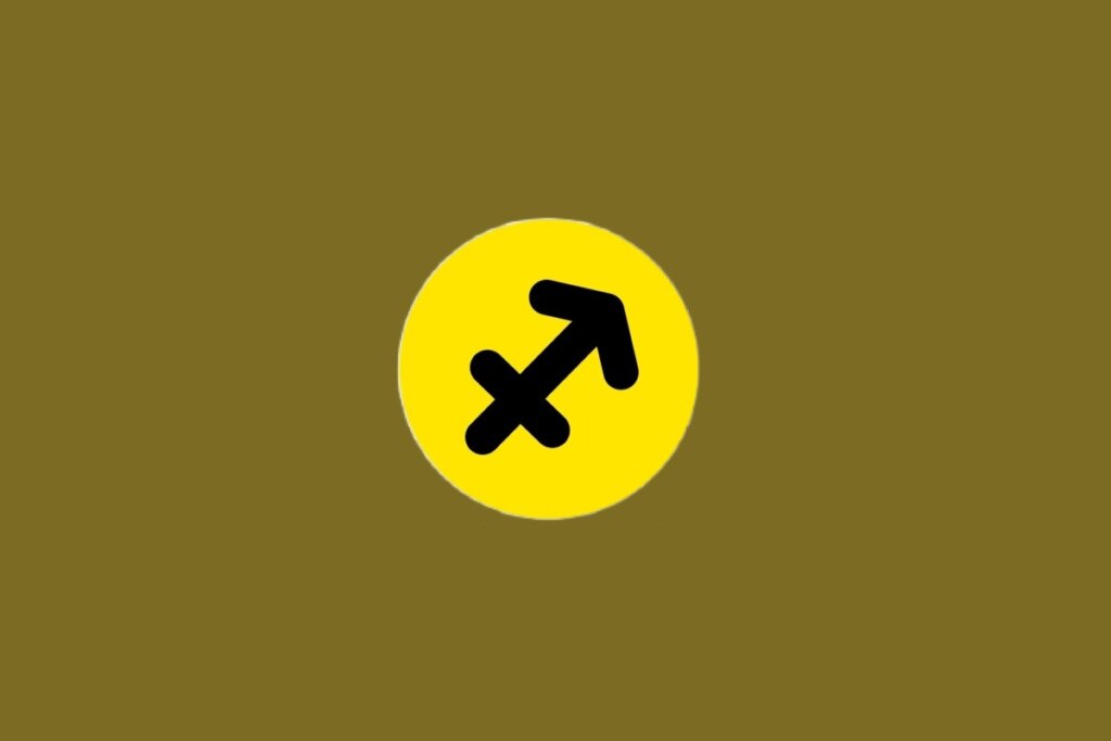 Ilustração do signo de Sagitário, contendo glifo preto de flecha apontada para o alto à direita, em círculo amarelo