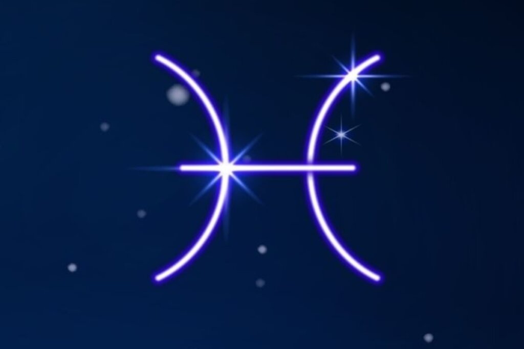 Símbolo do signo de Peixes em roxo em fundo azul-escuro com pontos de luz simbolizando as estrelas