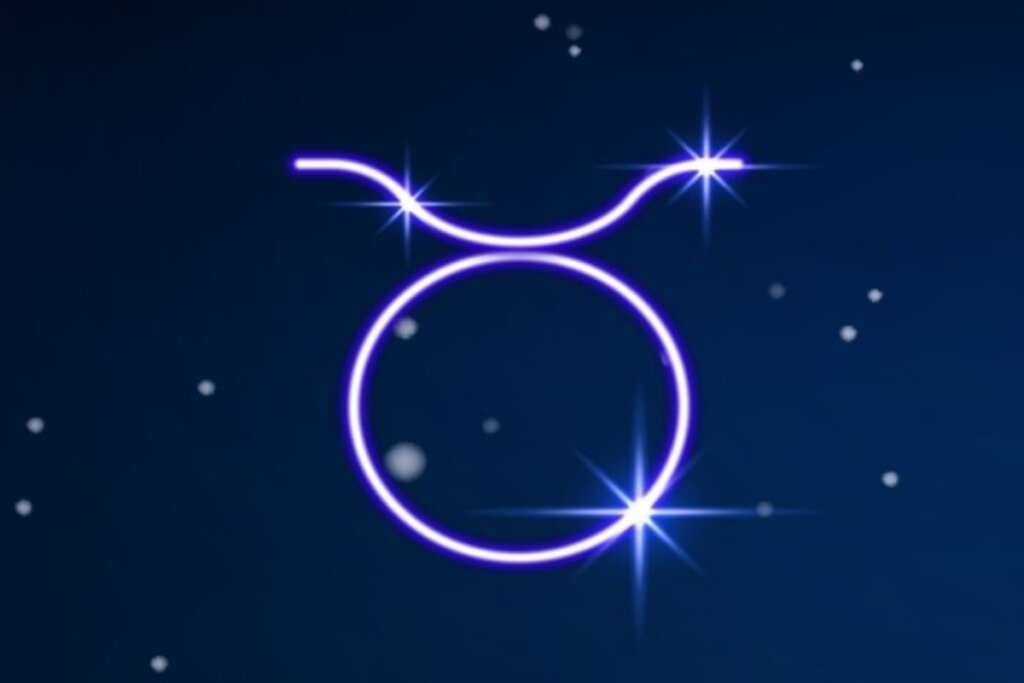 Símbolo do signo de Touro em roxo em fundo azul-escuro com pontos de luz simbolizando as estrelas