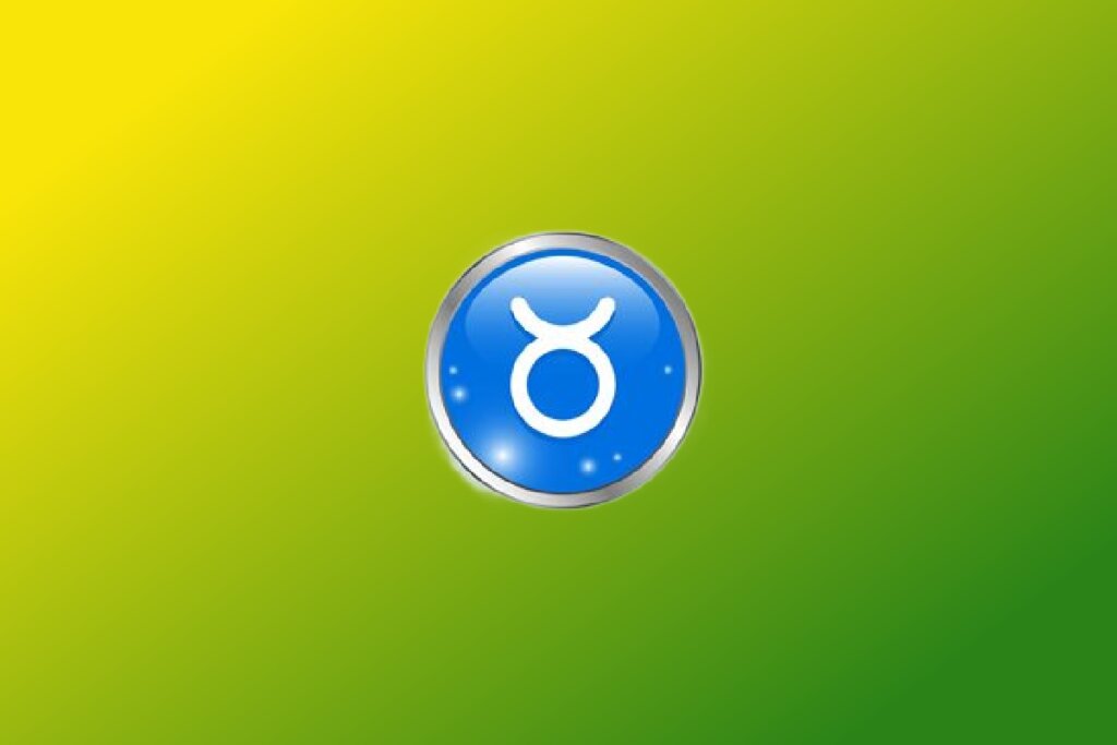 Ilustração do signo de Touro com símbolo branco com chifres em círculo azul com borda prateada sobre fundo verde e amarelo