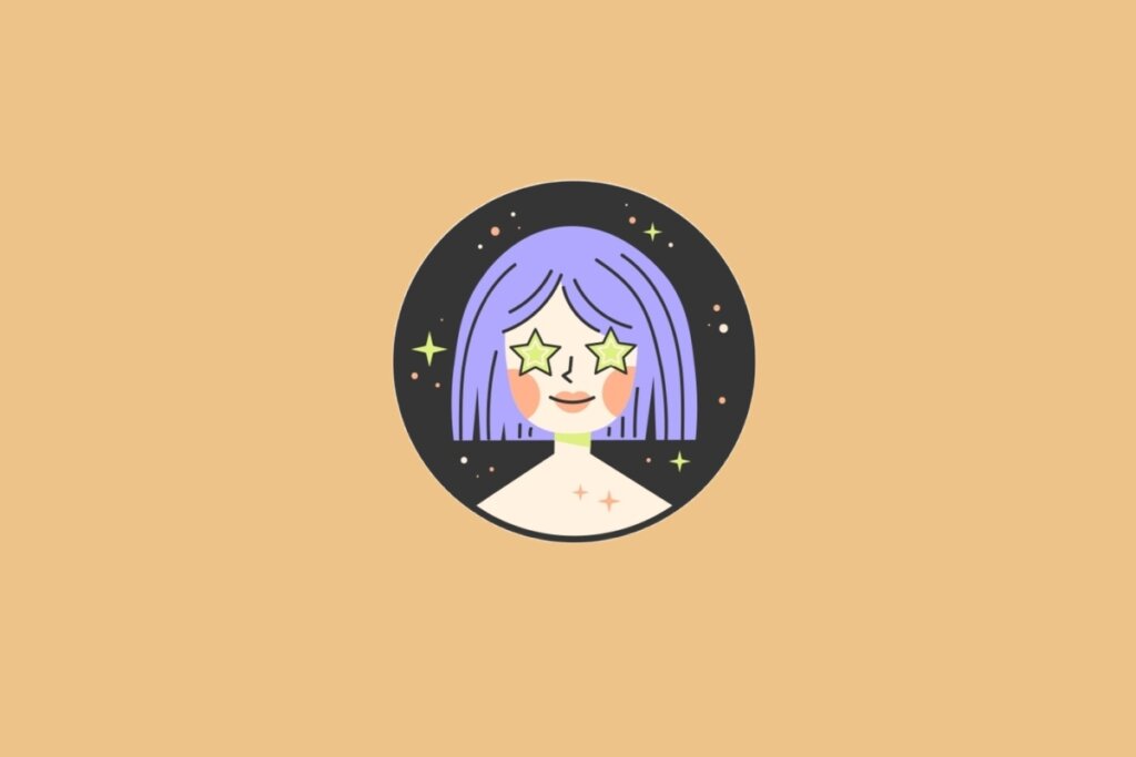 Ilustração do signo de Virgem, em fundo alaranjado, com uma figura feminina de cabelo lilás e olhos em forma de estrelas