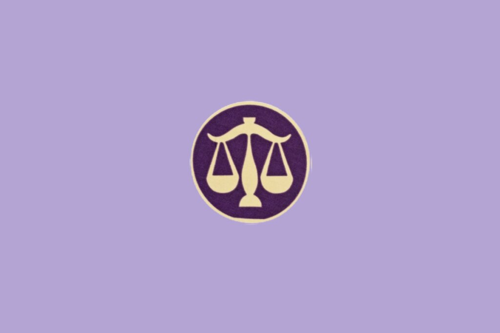 Ilustração minimalista do signo de Libra, representado por uma balança em círculo roxo
