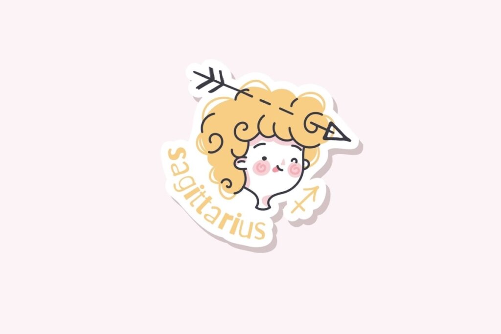 Ilustração do signo de Sagitário, contendo uma criança de cabelos loiros com uma flecha atravessando-os, em fundo rosa-claro