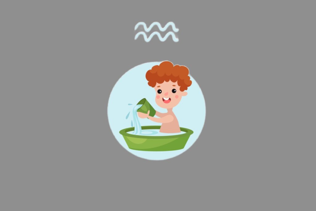 Ilustração do signo de Aquário, contendo uma criança ruiva sorridente despejando água de um jarro dentro de uma bacia verde