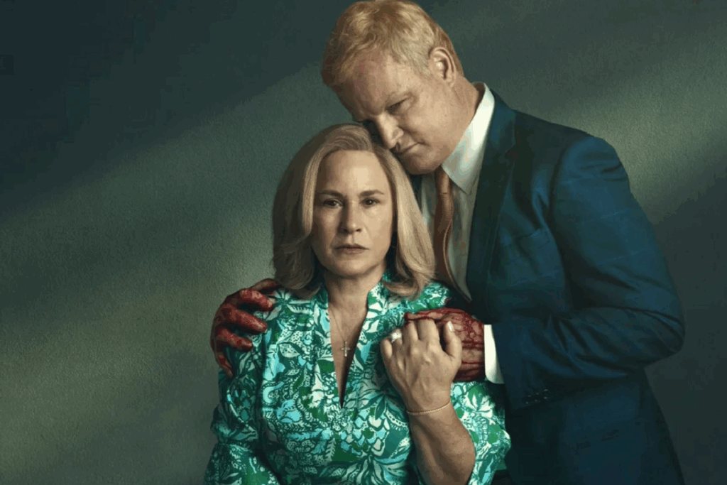 Casal em clima sombrio, com o homem abraçando a mulher e exibindo as mãos cobertas de sangue