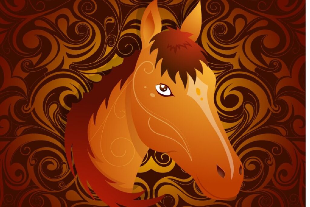 Imagem de um cavalo em um fundo com listras marrons e laranjas