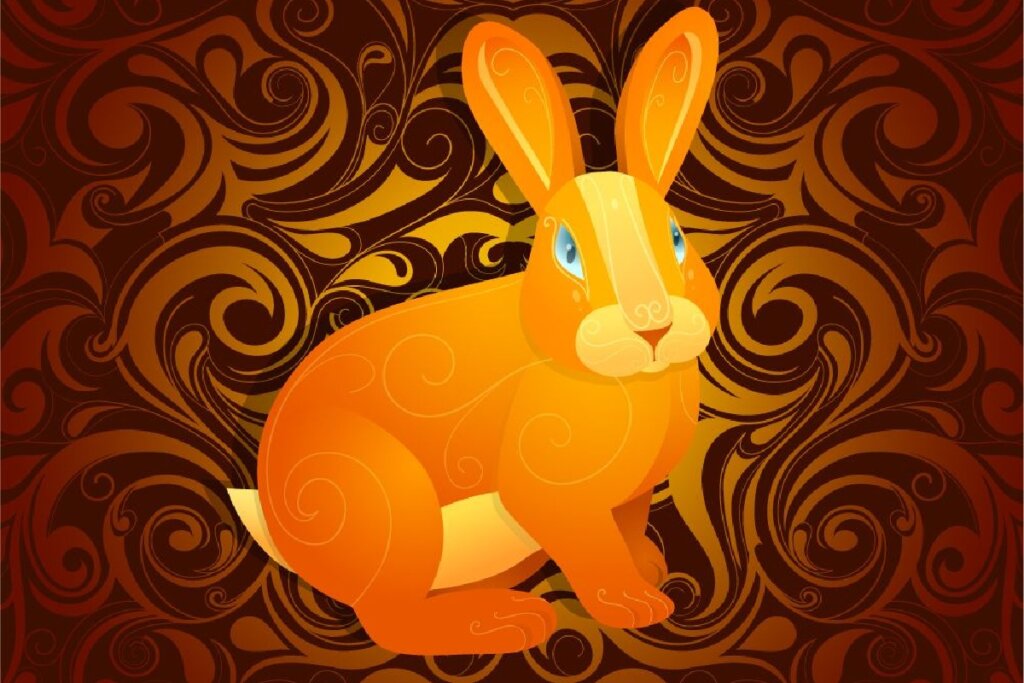 Imagem de um coelho em um fundo com listras marrons e laranjas