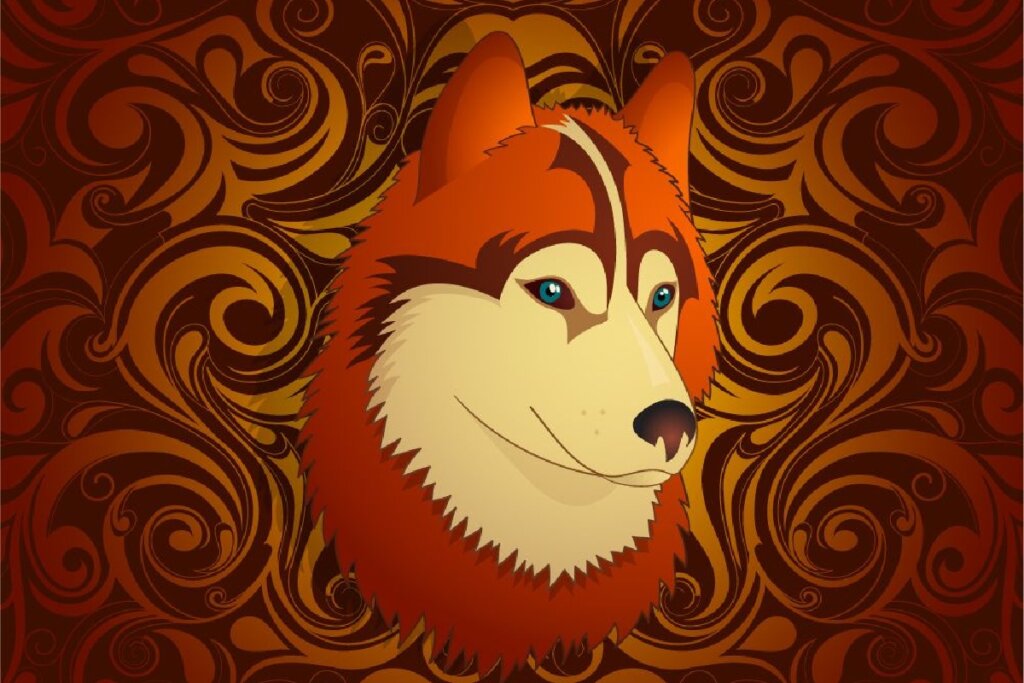 Imagem de um cão em um fundo com listras marrons e laranjas