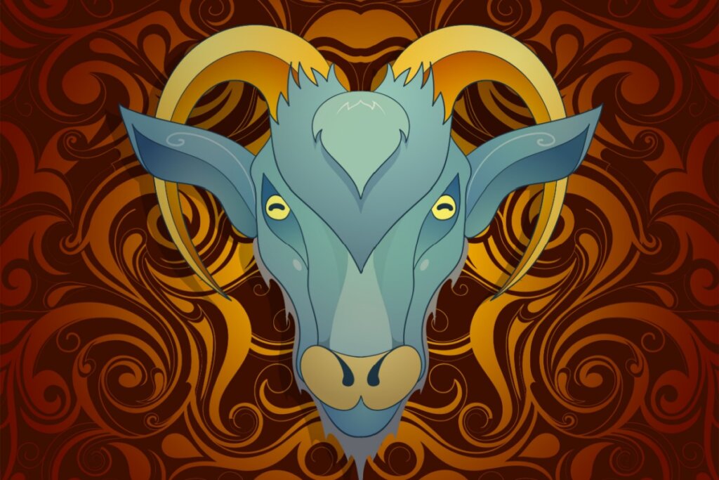 Imagem de uma cabra em um fundo com listras marrons e laranjas