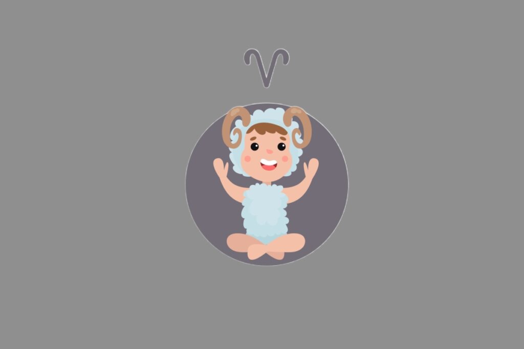 Ilustração do signo de Áries, contendo uma criança com chifres de carneiro e roupa felpuda azul