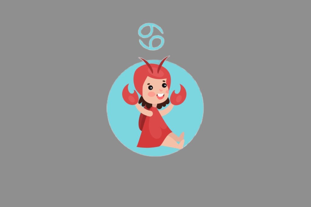 Ilustração do signo de Câncer, contendo uma menina vestida de vermelho com garras de caranguejo, sorrindo e sentada
