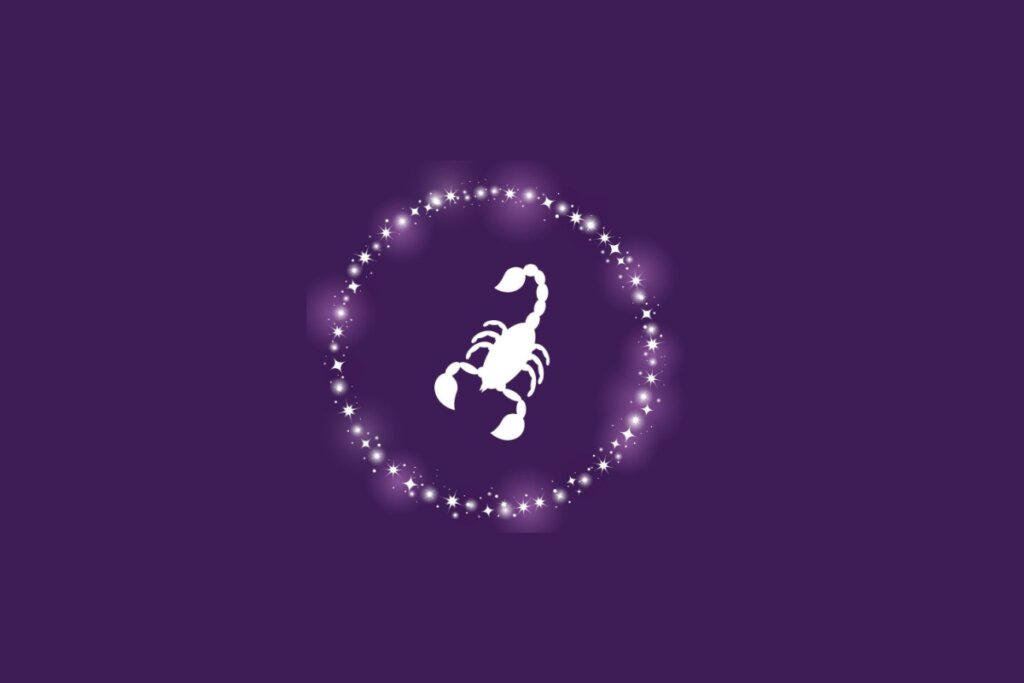 Ilustração do símbolo do signo de Escorpião em branco, cercado por um círculo de pontos brilhantes sobre fundo roxo