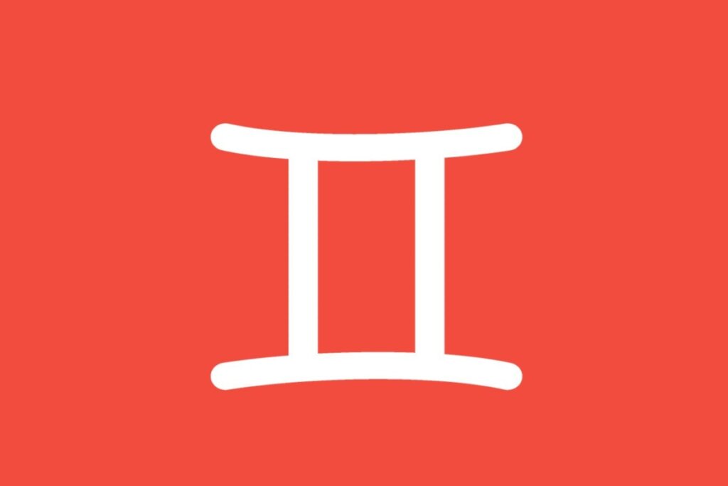 Ilustração branca do signo de gêmeos em fundo vermelho