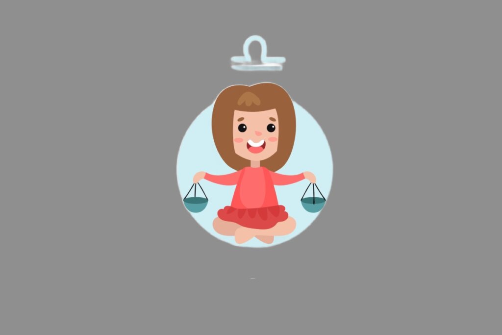Ilustração do signo de Libra, contendo uma menina de vestido vermelho segurando duas balanças, sorrindo e sentada sobre fundo azul