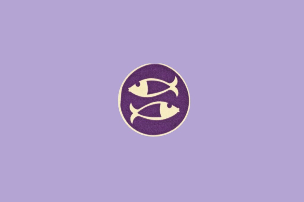 Ilustração minimalista do signo de Peixes, com dois peixes simétricos em círculo roxo