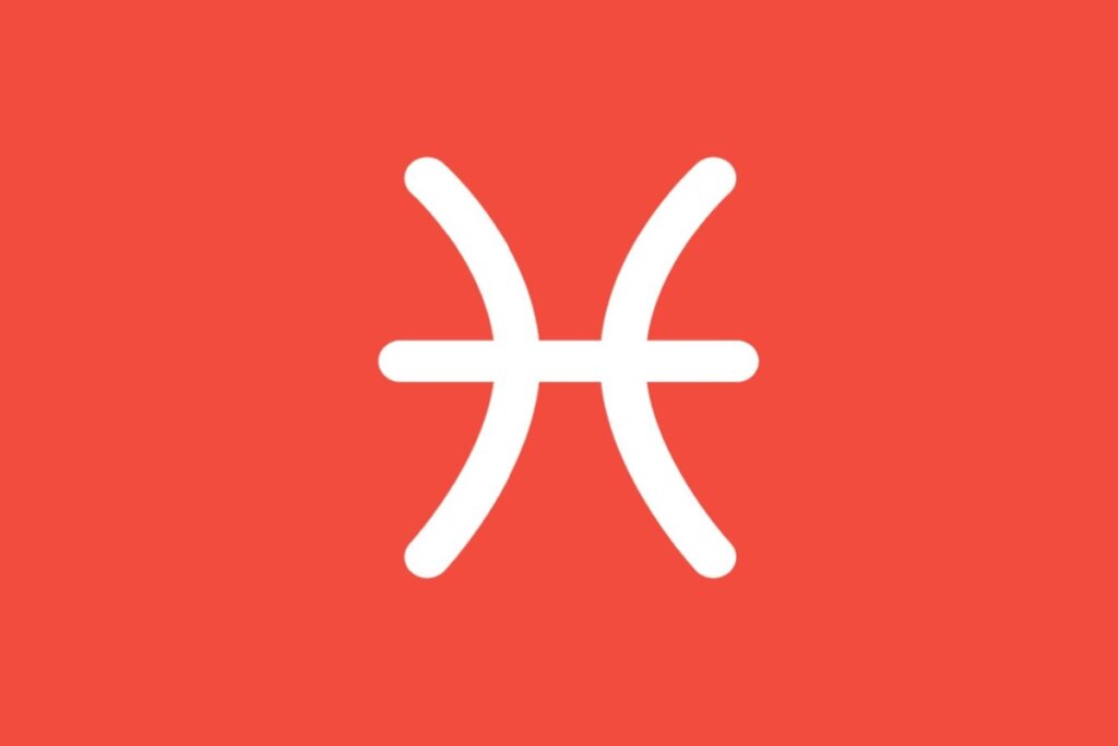 Ilustração branca do signo de peixes em fundo vermelho