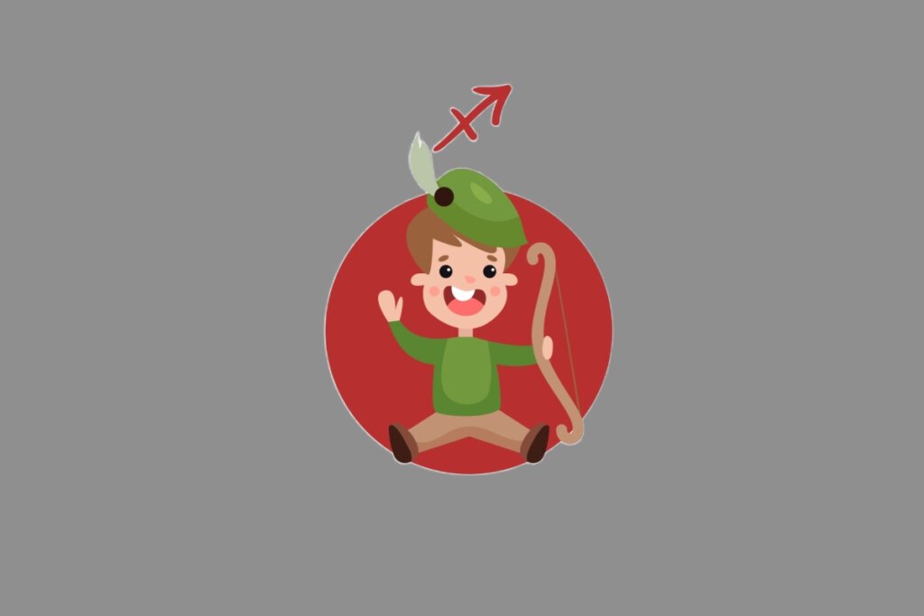 Ilustração do signo de Sagitário, contendo um menino com chapéu verde e pena branca, roupa de arqueiro e arco nas mãos, sorrindo sobre fundo vermelho