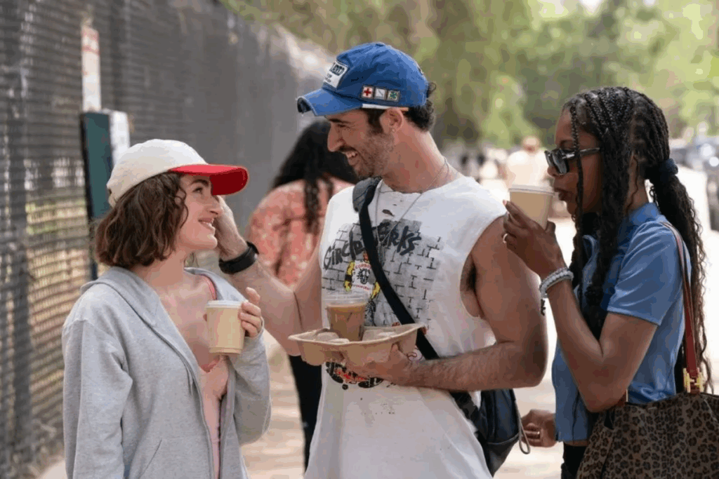 Duas mulheres e um homem conversando na rua, uma delas tem o cabelo curto, usando top rosa e camisa de botões cinza e um boné branco com aba vermelha, a outra mulher está usando uma camiseta azul, tem o cabelo longo trançado meio preso, e está com um copo na mão e uma bolsa no ombro e o homem está usando um boné azul, bigode e uma regata branca com uma mochila transpassada