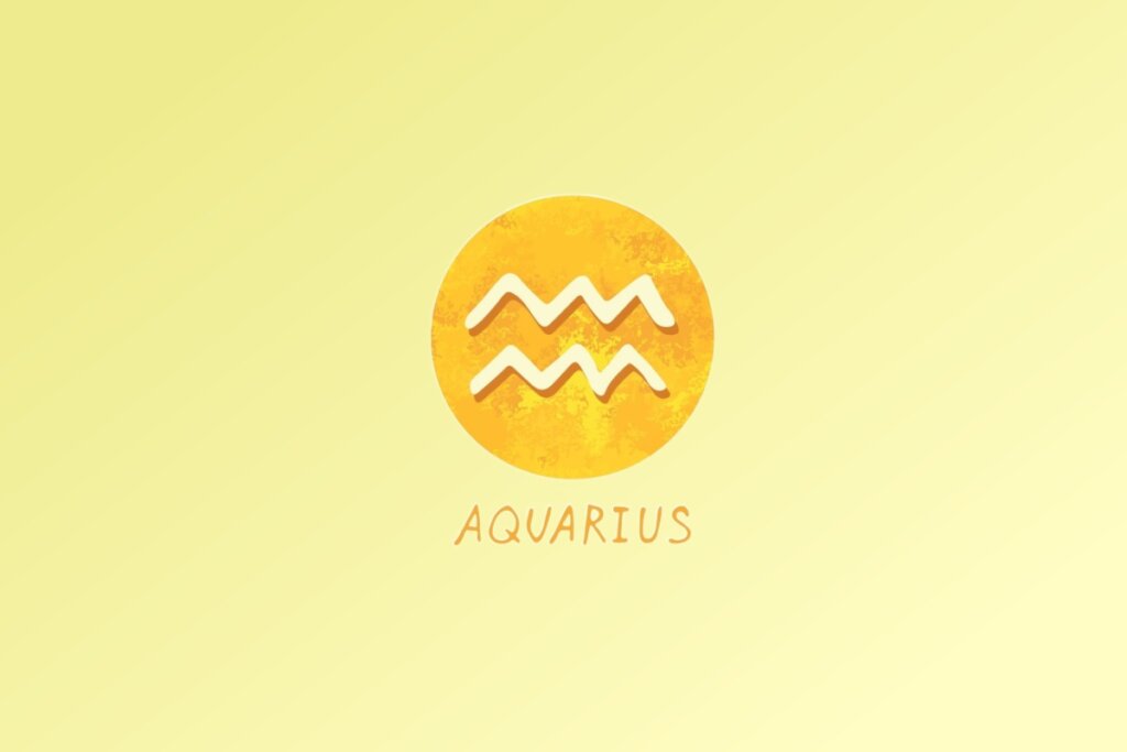 Ilustração do signo de Aquário, com duas linhas onduladas paralelas simbolizando ondas de água ou energia, em fundo amarelo