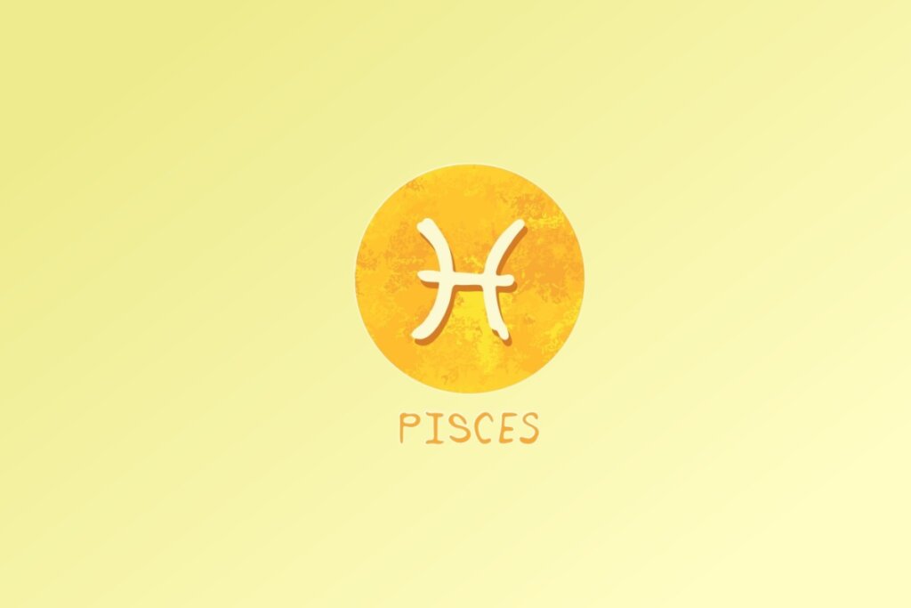 Ilustração do signo de Peixes, com dois arcos curvados conectados por uma linha central representando dois peixes nadando em sentidos opostos, em fundo amarelo
