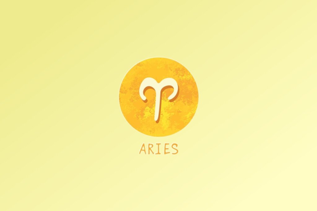 Ilustração do signo de Áries, com símbolo representado por uma linha curva que lembra um par de chifres de carneiro, em fundo amarelo