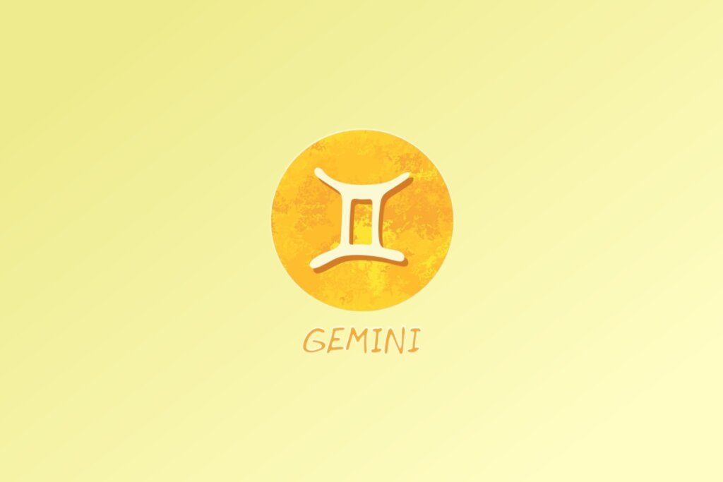 Ilustração do signo de Gêmeos, com duas linhas verticais paralelas unidas por traços horizontais acima e abaixo, representando os gêmeos, em fundo amarelo