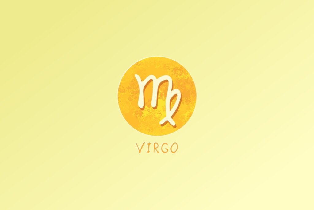 Ilustração do signo de Virgem, com uma letra "m" estilizada com um laço fechado na parte final, em fundo amarelo