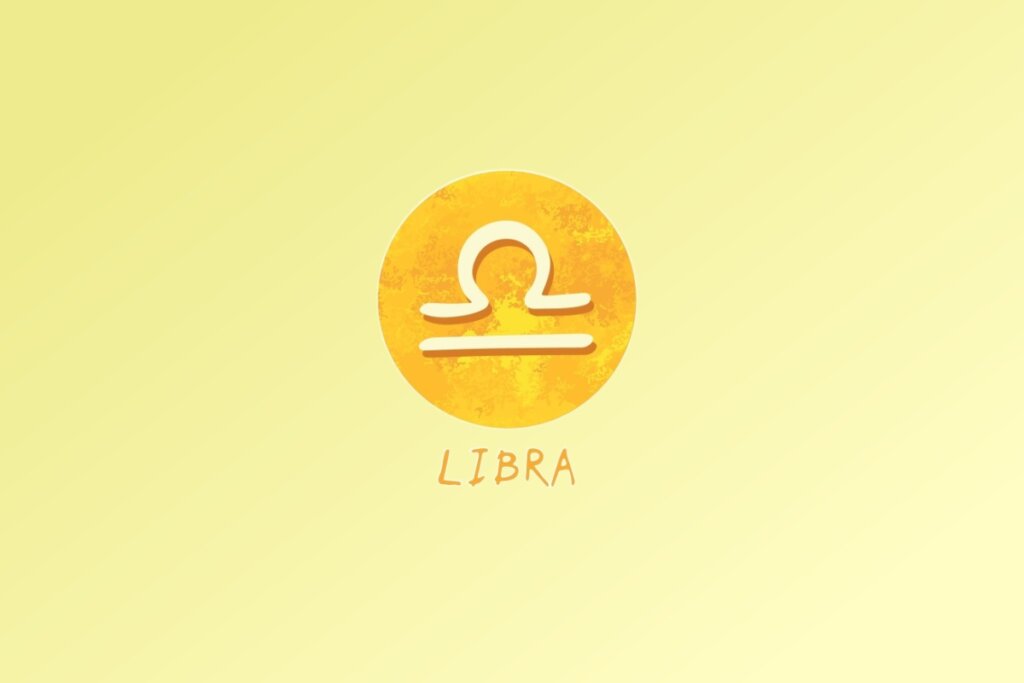 Ilustração do signo de Libra, com uma linha horizontal cortada por um arco semicircular no topo, em fundo amarelo