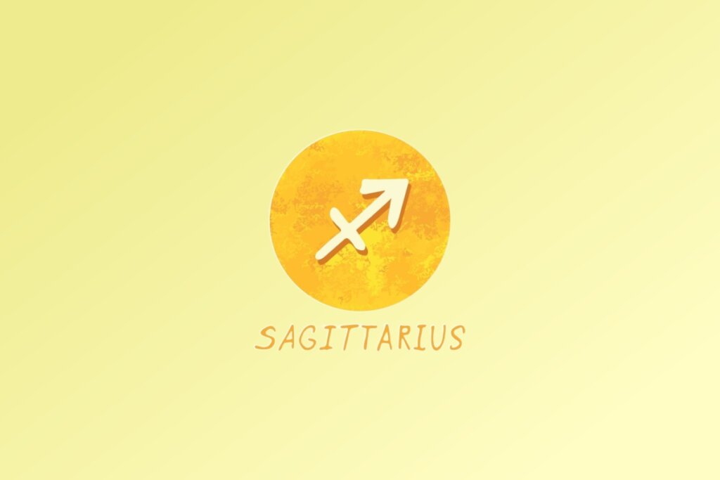 Ilustração do signo de Sagitário, com uma seta diagonal voltada para cima e para a direita simbolizando o arqueiro, em fundo amarelo