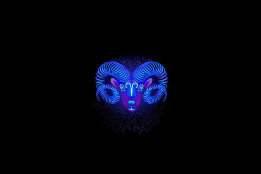 Ilustração do signo de áries em roxo e azul em um fundo preto