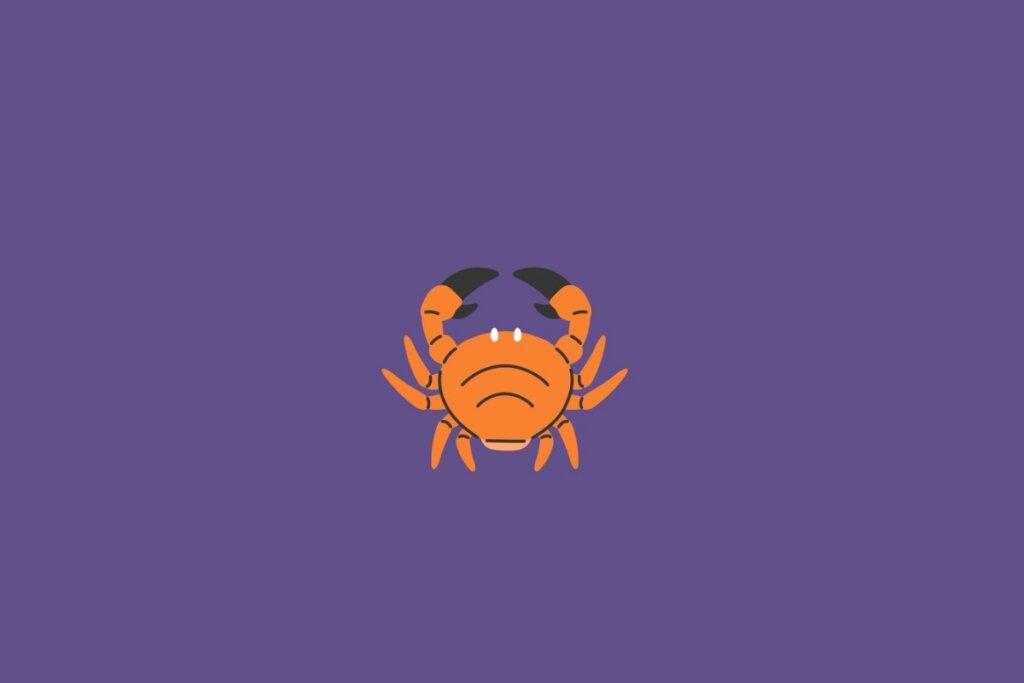 Ilustração de um caranguejo laranja, representando o signo de câncer, em um fundo roxo-escuro 