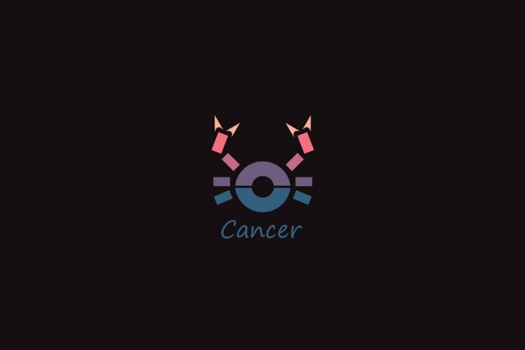 Ilustração do signo de câncer em formato geométrico nas cores rosa, roxo e azul