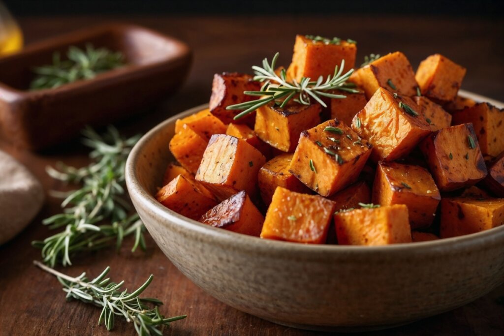Cubos de batata-doce assada com alecrim em recipiente