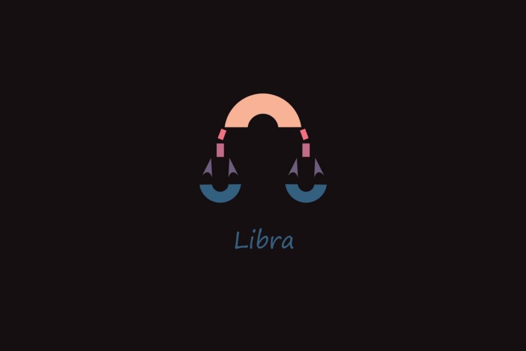 Ilustração do signo de libra em formato geométrico nas cores rosa, roxo e azul