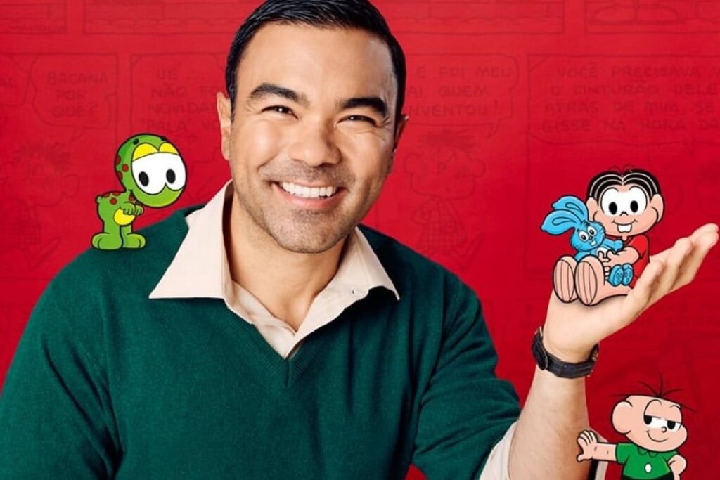 Retrato de um homem sorrindo com personagens animados posicionados ao redor dele