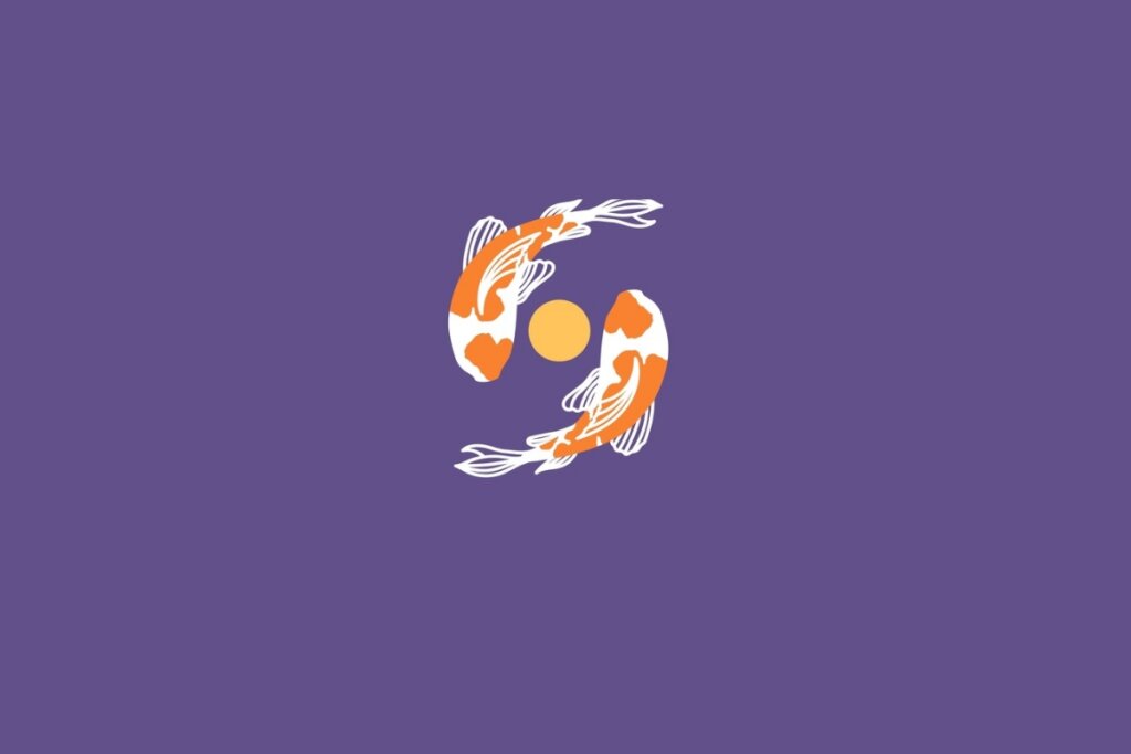Ilustração de dois peixes formando um círculo, representando o signo de peixes, em um fundo roxo-escuro 