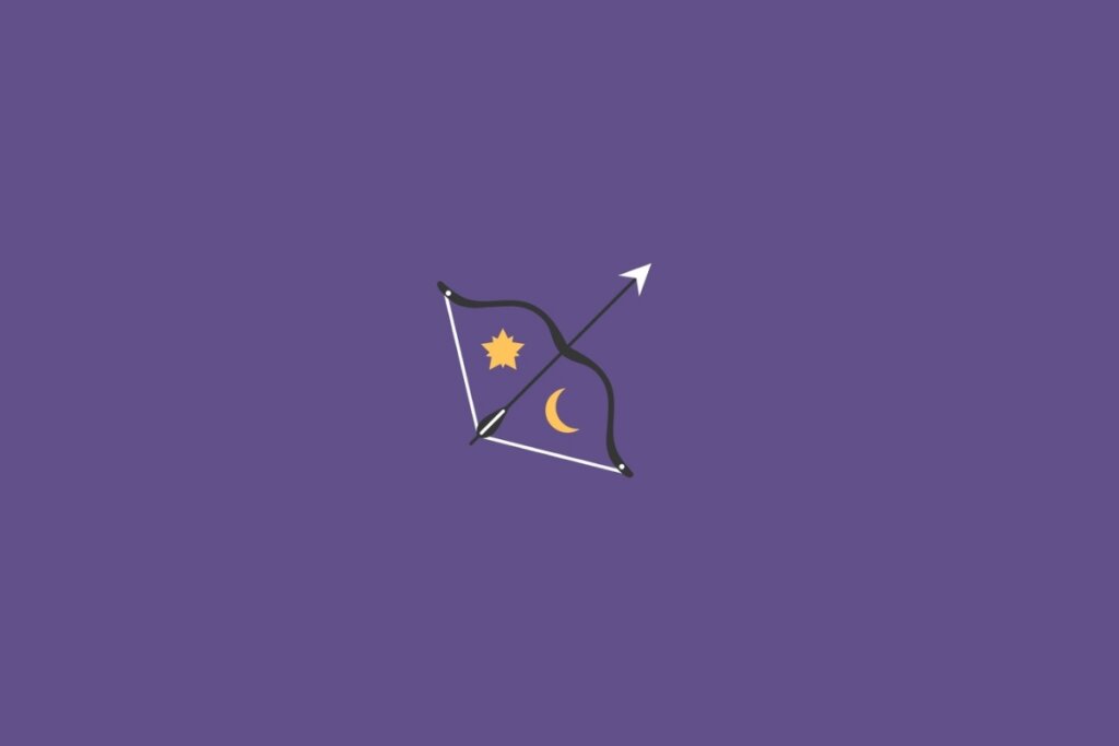 Ilustração de um arco e flecha com estrela e lua, representando o signo de sagitário, em um fundo roxo-escuro 