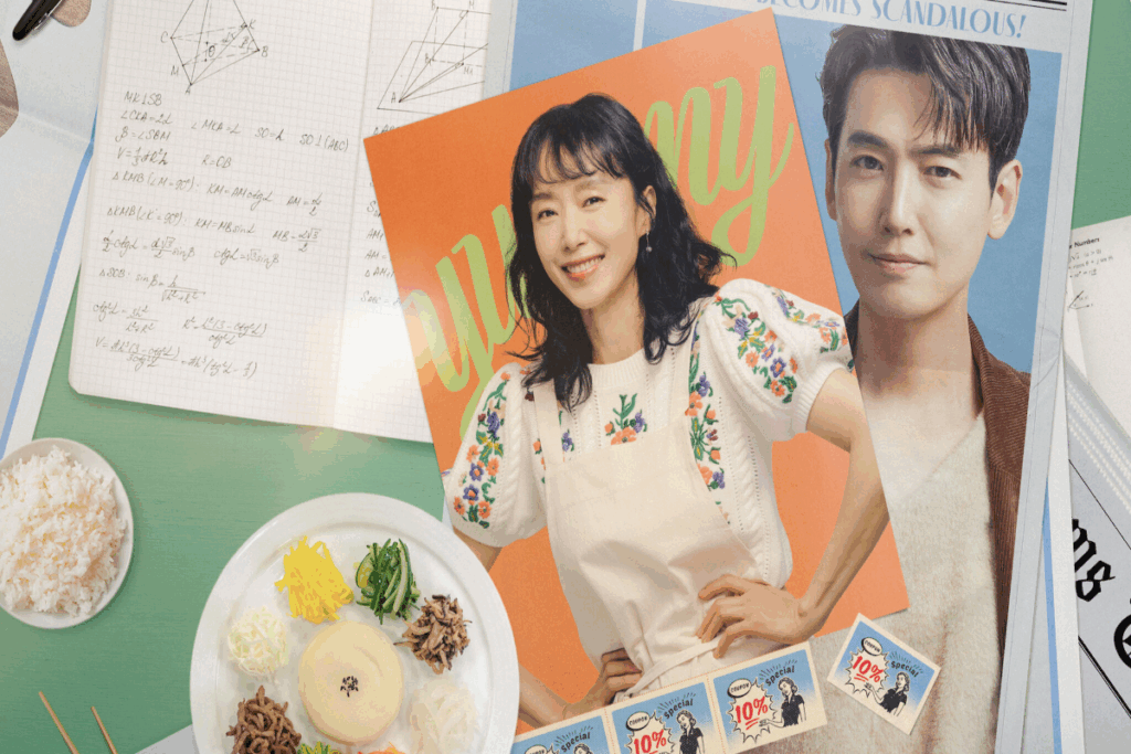 Imagem com dois postêrs de uma mulher com o cabelo curto, usando camiseta com detalhes floridos em fundo laranja e atrás o de um homem com cabelo curto e franja usando uma camiseta bege e terno marrom em fundo azul, na mesma imagem há um cadernos com exercícios de matemática e um prato com comida coreana