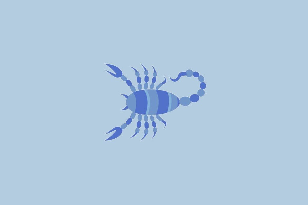 Ilustração do signo Escorpião, com um escorpião azul sobre fundo azul-claro
