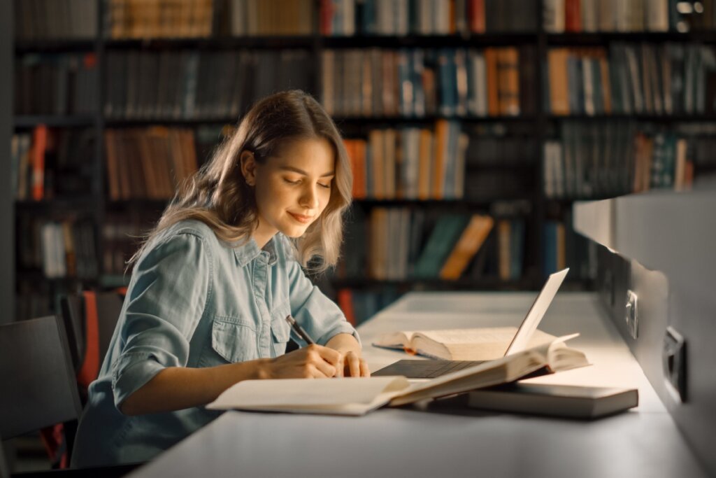 jovem de camisa jeans sentada em biblioteca e escrevendo. na mesa dela há livros, cadernos e notebook