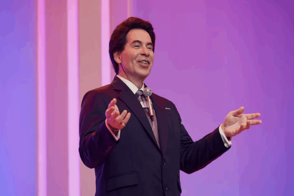 Homem com cabelo curto e topete, usando camisa branca, gravata com microfone e terno escuro e gesticulando com as mãos