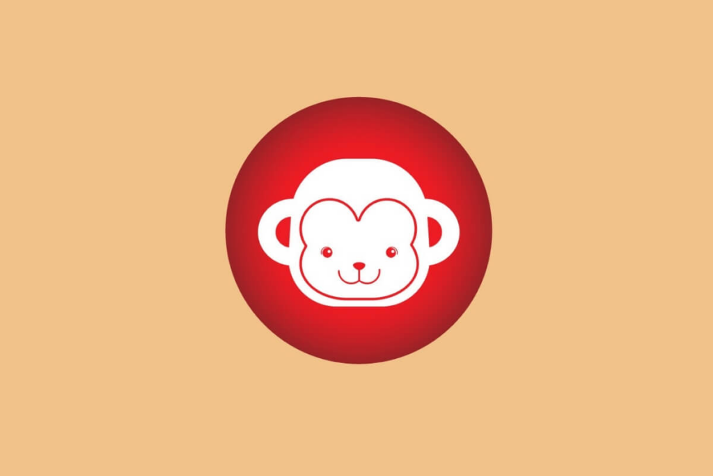 ilustração de um macaco branco sobre círculo vermelho em fundo laranja