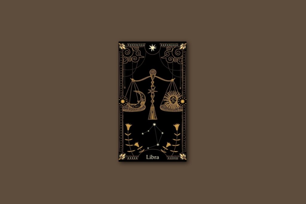 Ilustração de uma carta preta, com o desenho do signo e da constelação de Libra, com borda dourada e estrelas