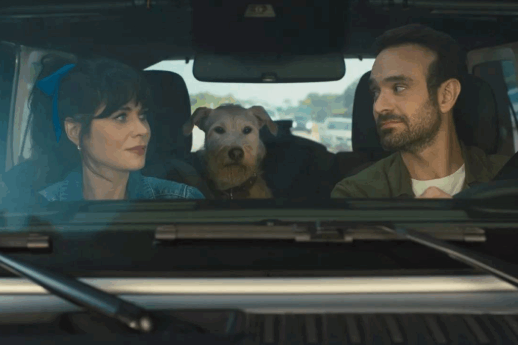 Homem e mulher em carro com o homem dirigindo e cachorro no banco de trás