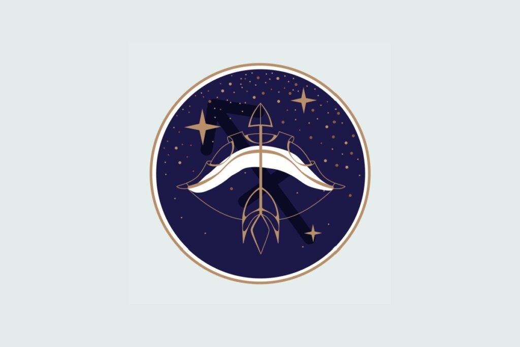 Ilustração de um arco e flecha dourado dentro de um círculo azul-escuro e rodeado de estrelas beges sobre um fundo azul-claro 