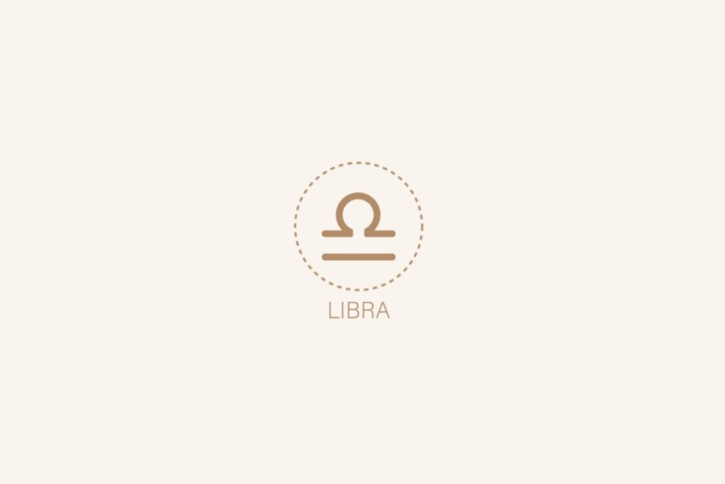 Ilustração do símbolo e nome em inglês do signo de libra em um fundo bege